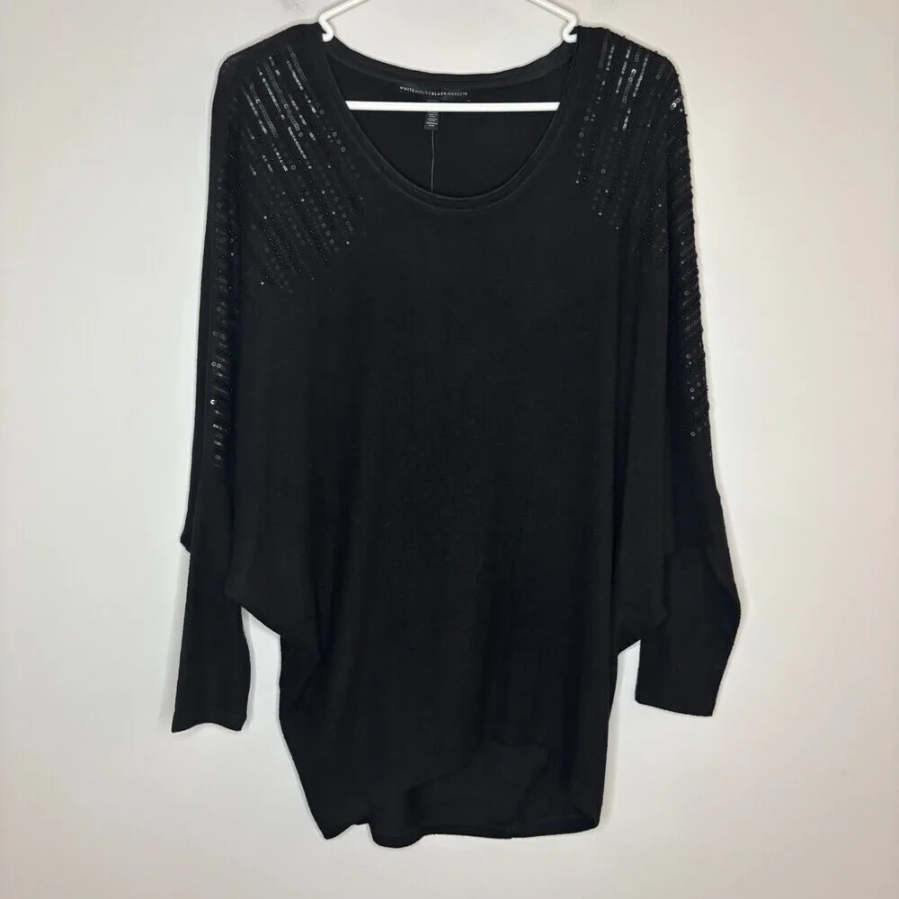 WHITE HOUSE BLACK MARKET NEW Snit Dolman Tunic Womens XS Black Sparkle